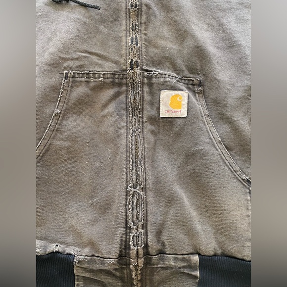 Vintage Thrashed Carhartt Charcoal Hooded Jacket Heavy Wear Extra Distressed - Picture 3 of 15